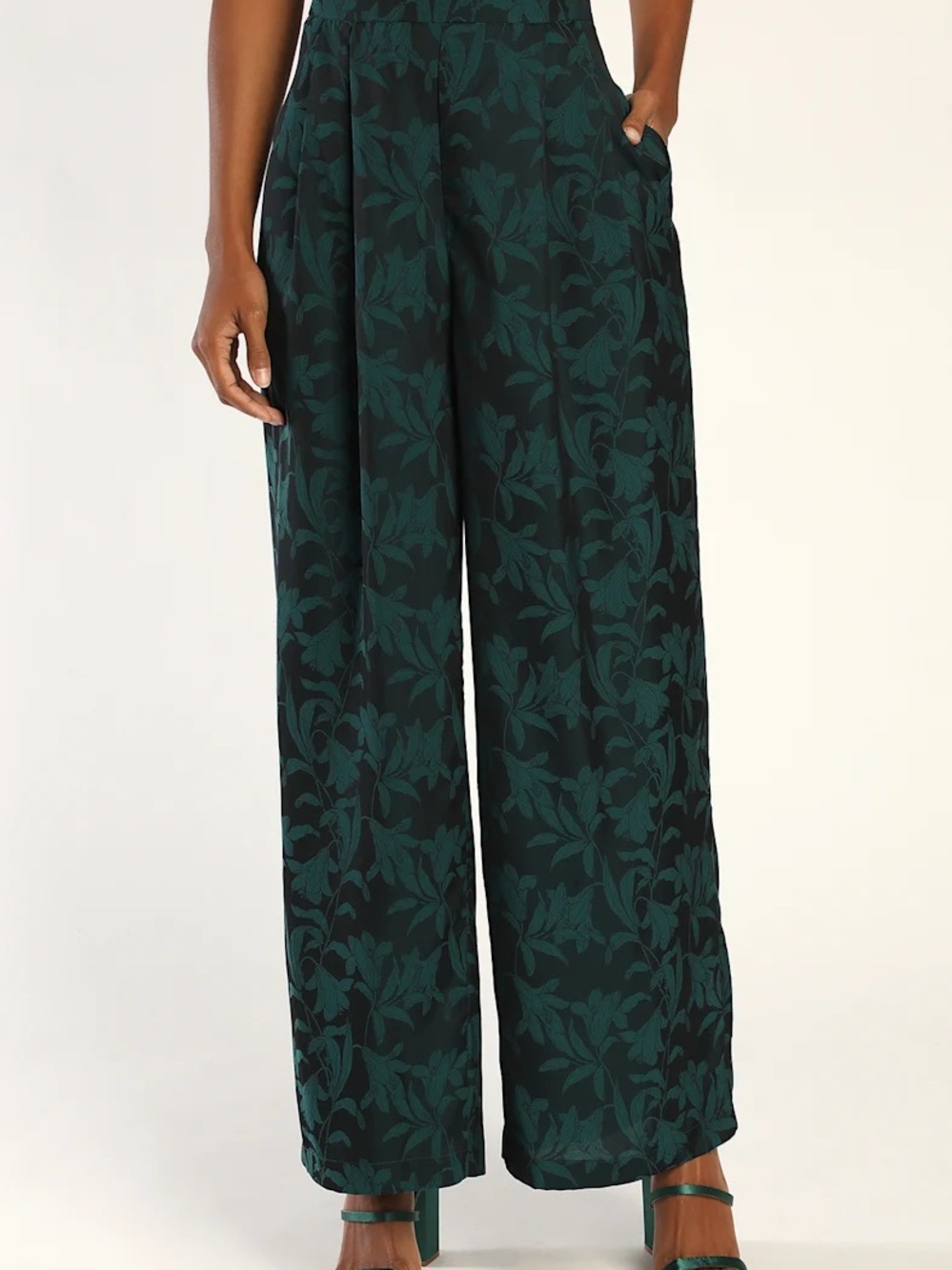 Lulu's Lush Approach Emerald Green Floral Jacquard Satin Wide Leg Pants
